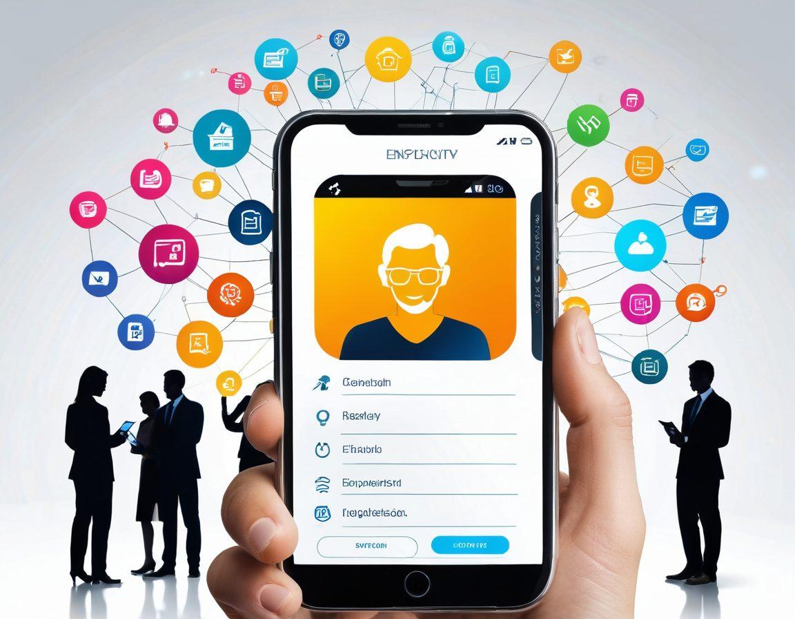 A sleek, modern e-banking interface displayed on a smartphone, surrounded by diverse customers of various ages joyfully using their devices in a bright, welcoming environment. Include visual elements like digital security shields and user-friendly icons that symbolize empowerment and trust. The background features soft, abstract shapes representing digital connectivity. super-realistic. vibrant colors. white background.