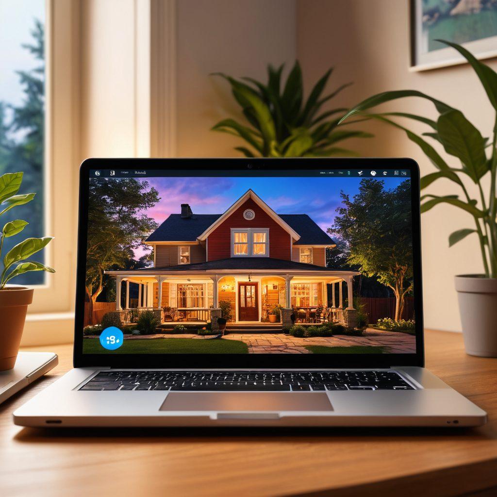A modern digital banking scene showcasing a user-friendly interface on a sleek laptop while a hand hovers over a smartphone showing the SBI logo. The background features a cozy home environment with warm lighting and decorative plants, emphasizing comfort and ease. Graphical elements like charts and currency icons float around to depict online transactions. The entire image radiates a sense of security and simplicity. super-realistic. vibrant colors. cozy atmosphere.